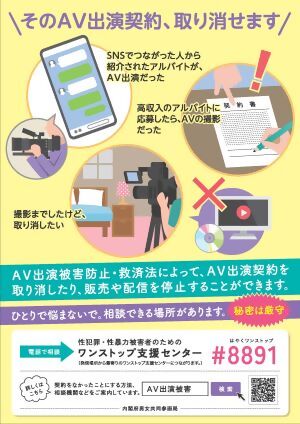 そのAV出演契約取り消せます。AV出演被害防止・救済法によって、AV出演契約を取り消したり、販売や配信を停止することができます。ひとりで悩まず、すぐにご相談ください。相談先は、ワンストップ支援センター＃8891