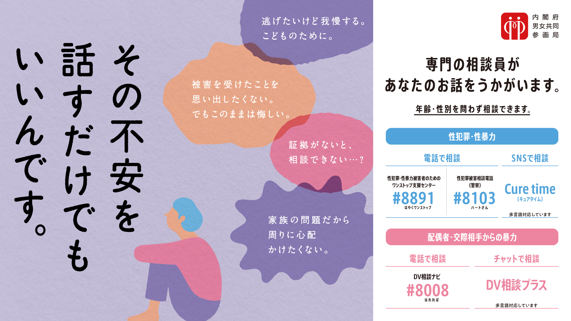 その不安を話すだけでもいいんです。逃げたいけど我慢するこどものために。被害を受けたことを思い出したくない。でもこのままは悔しい。証拠がないと相談できない？家族の問題だから周りに心配かけたくない。専門の相談員があなたのお話をうかがいます。性犯罪・性暴力電話で相談：「ワンストップ支援センター」＃8891「警察庁性犯罪被害相談電話」＃8103 SNSで相談なら、Cure time（キュアタイム）配偶者・交際相手からの暴力なら「DV相談ナビ」＃8008 チャットで相談「DV相談ナビ」