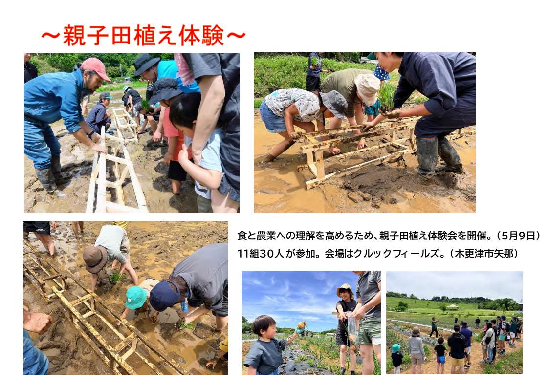 5月9日に開催した親子の田植え体験会で、田植えや野菜を収獲している様子の写真